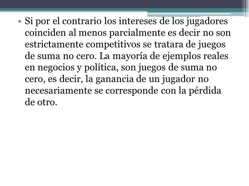 Si por el contrario los intereses de los jugadores coinciden al menos parcialmente es decir no son estrictamente competitivos se tratara de juegos de suma no cero.