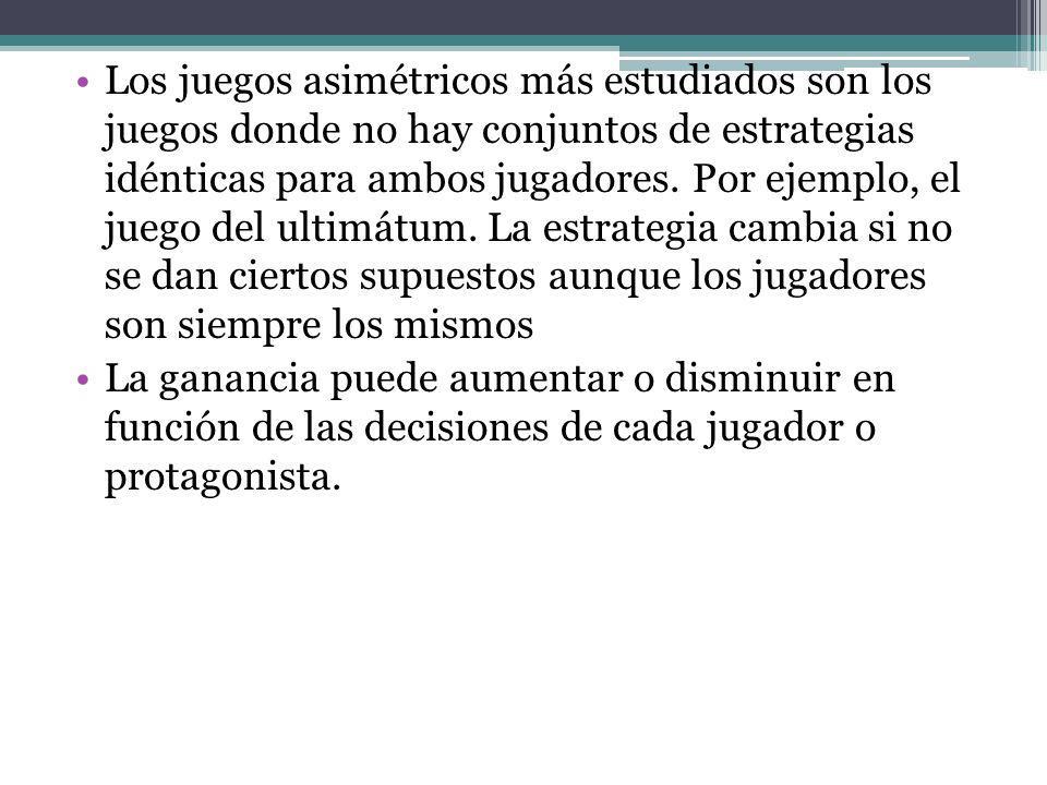 Los juegos asimétricos más estudiados son los juegos donde no hay conjuntos de estrategias idénticas para ambos jugadores. Por ejemplo, el juego del ultimátum. La estrategia cambia si no se dan ciertos supuestos aunque los jugadores son siempre los mismos