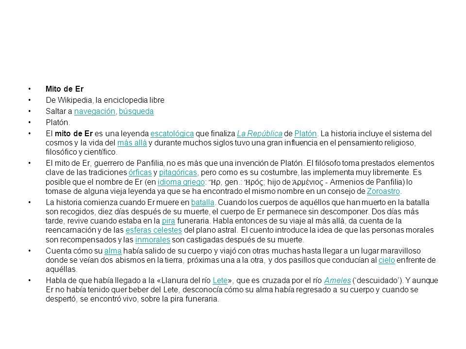 Mito de Er De Wikipedia, la enciclopedia libre. Saltar a navegación, búsqueda. Platón.