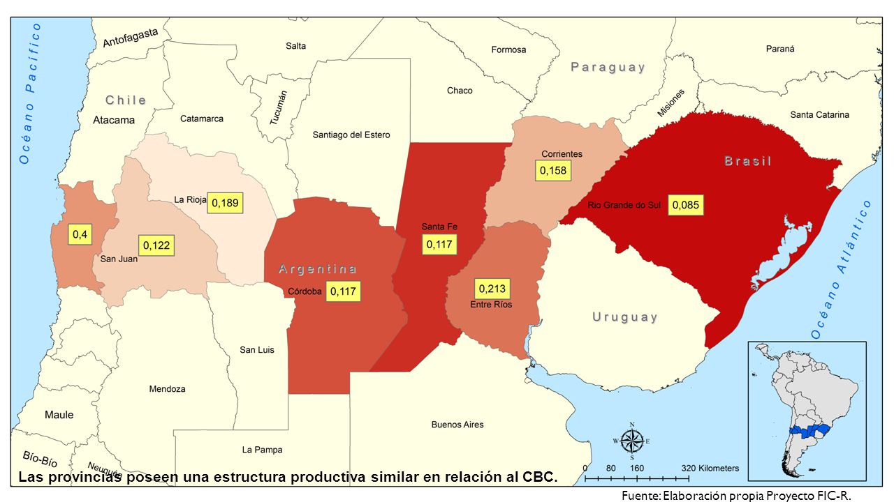 Más rojo mayor PIB total (134 mil MM USD Rio Grande (52 % del PIB chileno, 6% del PIB brasileño) , Provincias Argentinas (37% Pib chileno, 16 del PIB argentino ); Coquimbo 6,500 MM$ (2% de Chile), San Juan 5 mil MM $)