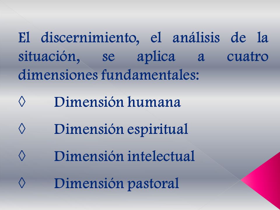 El discernimiento, el análisis de la situación, se aplica a cuatro dimensiones fundamentales: