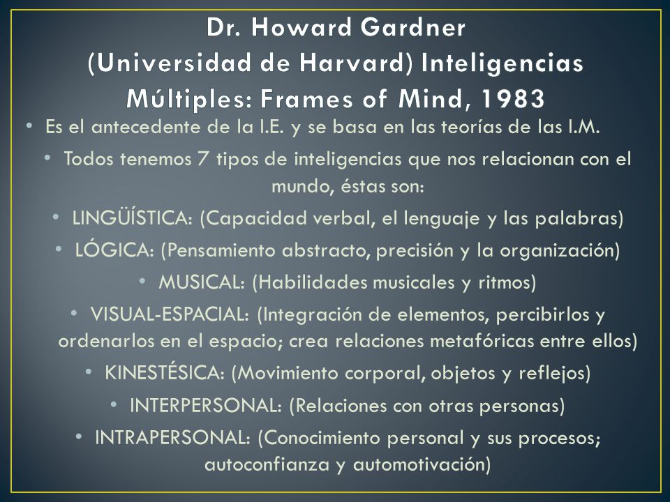 Dr. Howard Gardner (Universidad de Harvard) Inteligencias Múltiples: Frames of Mind, 1983
