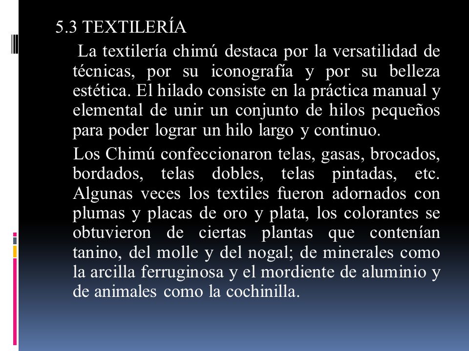 5.3 TEXTILERÍA La textilería chimú destaca por la versatilidad de técnicas, por su iconografía y por su belleza estética.