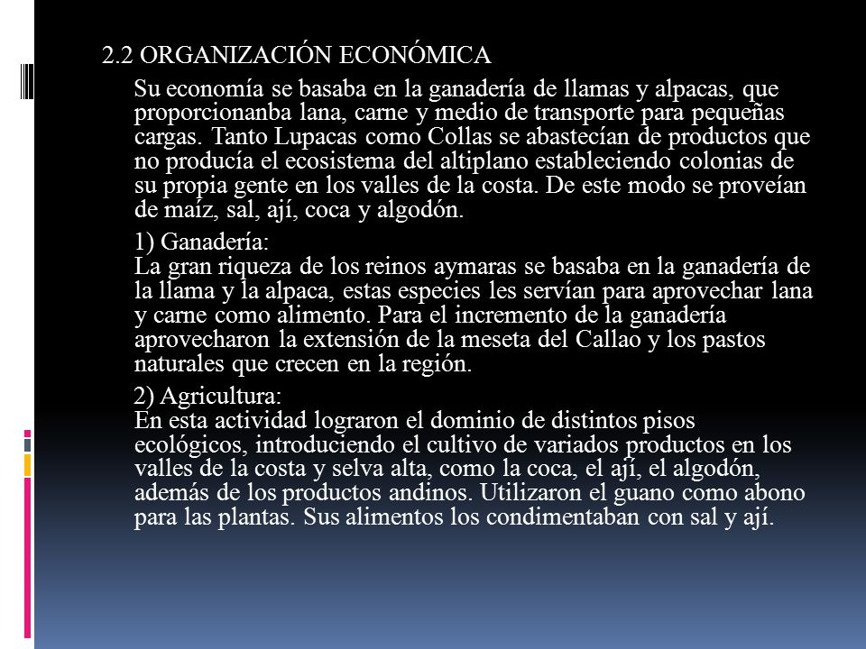 2.2 ORGANIZACIÓN ECONÓMICA Su economía se basaba en la ganadería de llamas y alpacas, que proporcionanba lana, carne y medio de transporte para pequeñas cargas.
