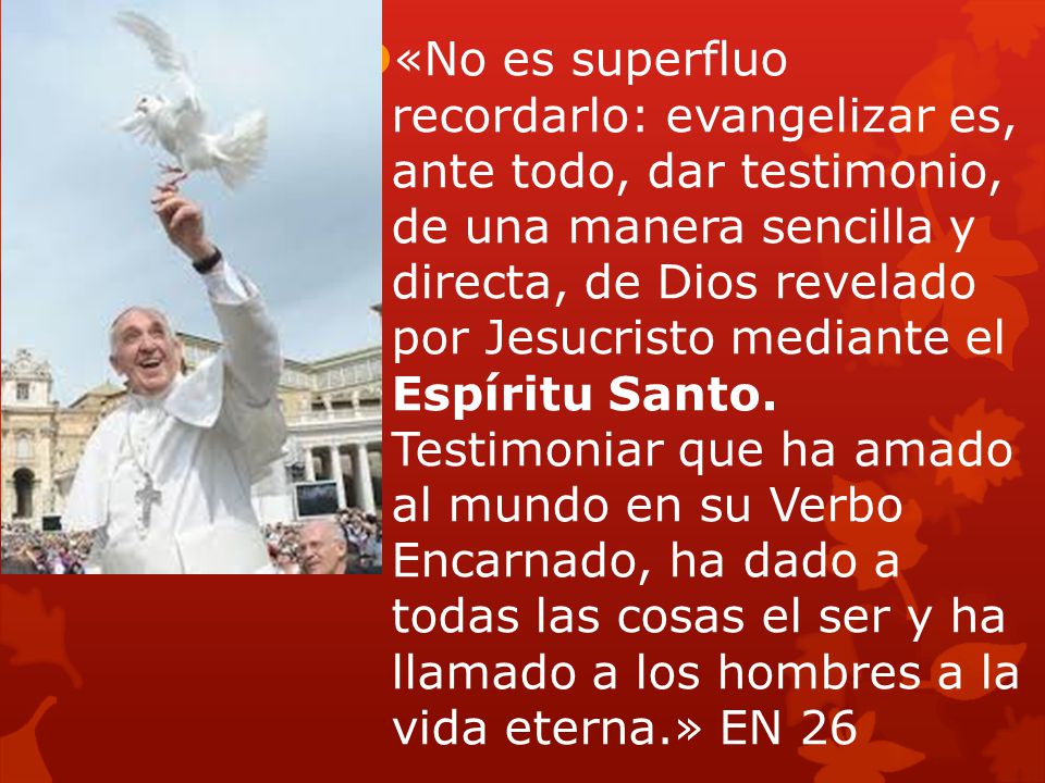 «No es superfluo recordarlo: evangelizar es, ante todo, dar testimonio, de una manera sencilla y directa, de Dios revelado por Jesucristo mediante el Espíritu Santo.