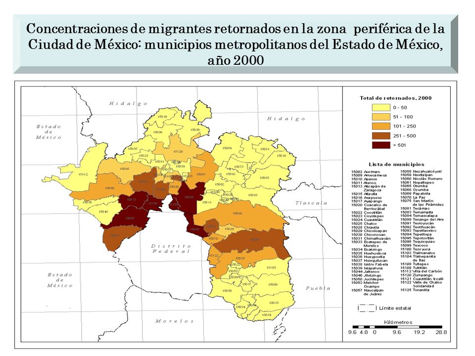 Concentraciones de migrantes retornados en la zona periférica de la Ciudad de México: municipios metropolitanos del Estado de México, año 2000