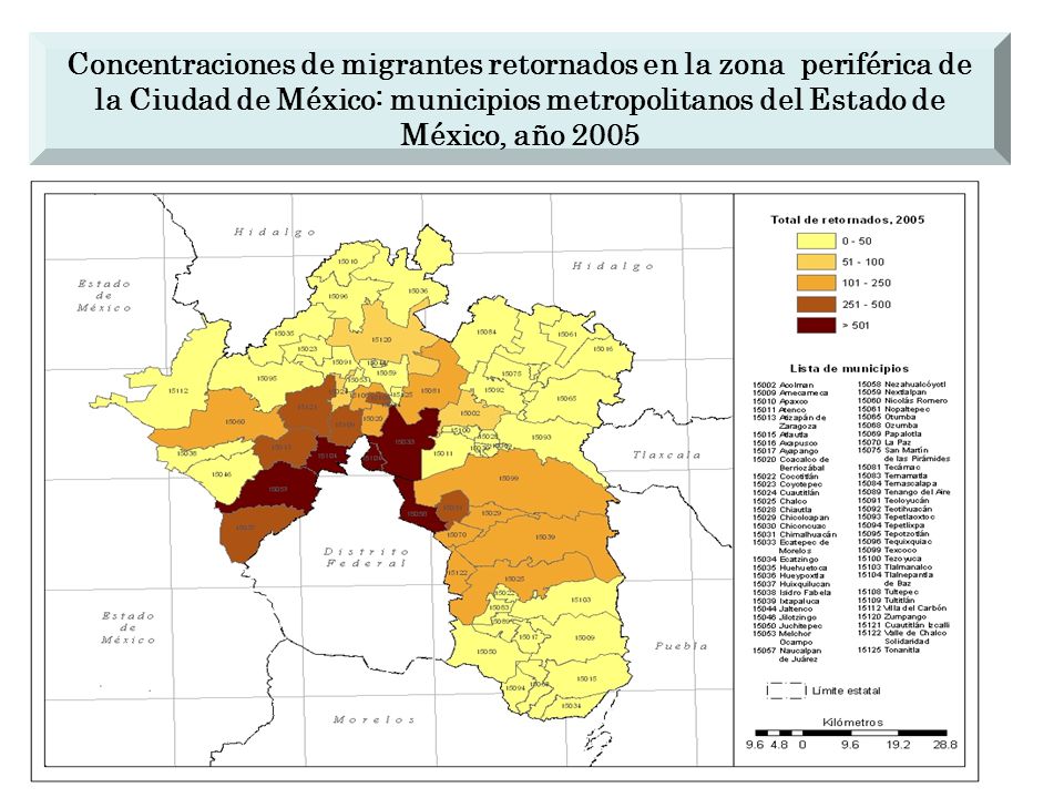 Concentraciones de migrantes retornados en la zona periférica de la Ciudad de México: municipios metropolitanos del Estado de México, año 2005