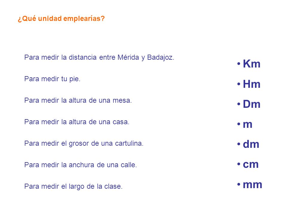 Km Hm Dm m dm cm mm ¿Qué unidad emplearías