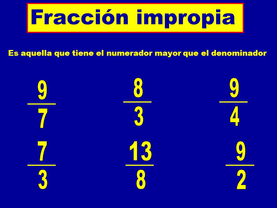 Fracción impropia Es aquella que tiene el numerador mayor que el denominador