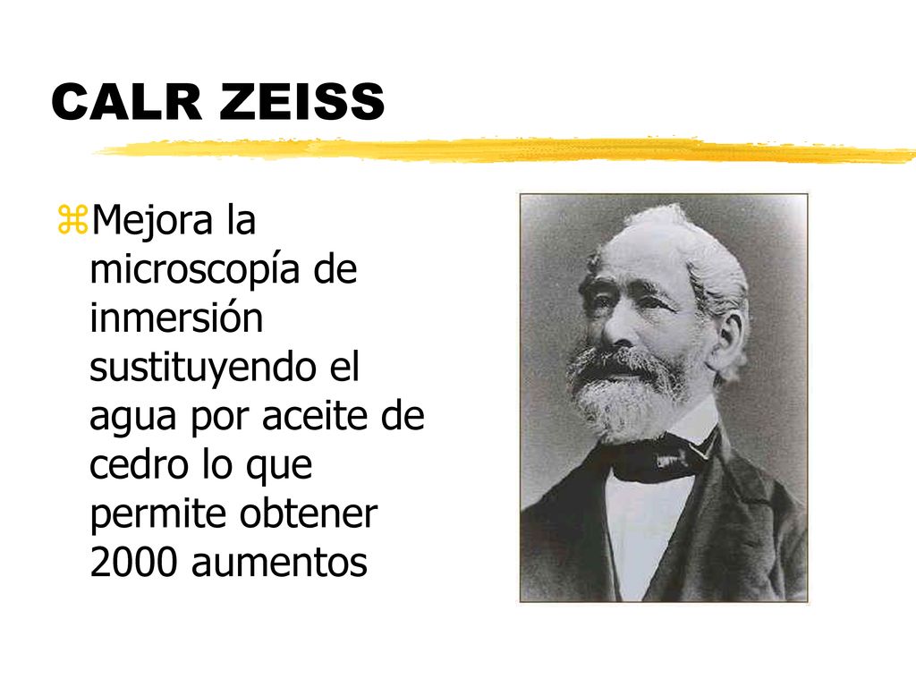 CALR ZEISS Mejora la microscopía de inmersión sustituyendo el agua por aceite de cedro lo que permite obtener 2000 aumentos.