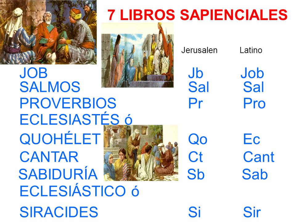 7 LIBROS SAPIENCIALES JOB Jb Job SALMOS Sal Sal PROVERBIOS Pr Pro