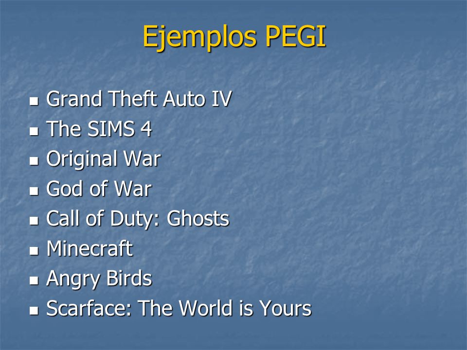 Ejemplos PEGI Grand Theft Auto IV The SIMS 4 Original War God of War