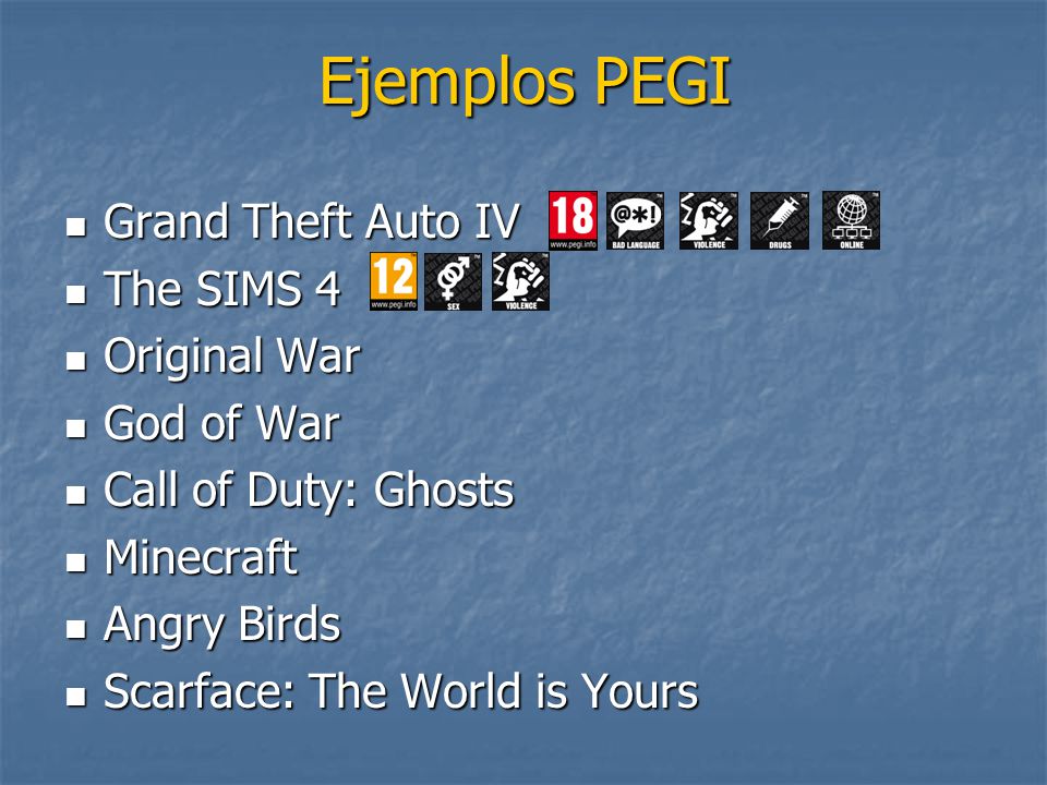 Ejemplos PEGI Grand Theft Auto IV The SIMS 4 Original War God of War