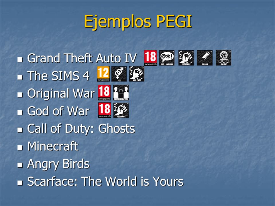 Ejemplos PEGI Grand Theft Auto IV The SIMS 4 Original War God of War