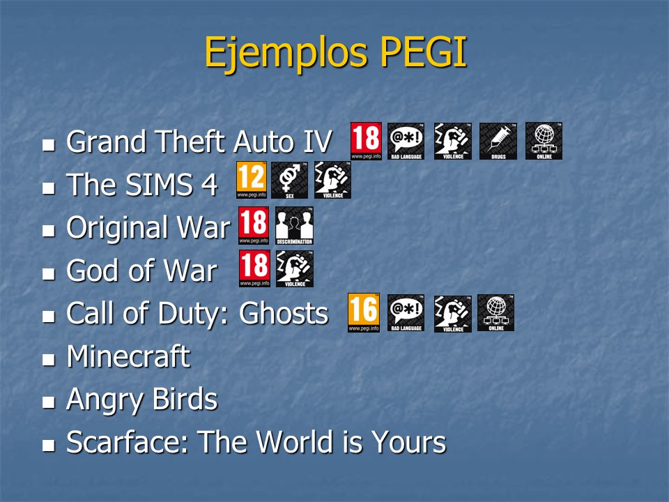 Ejemplos PEGI Grand Theft Auto IV The SIMS 4 Original War God of War