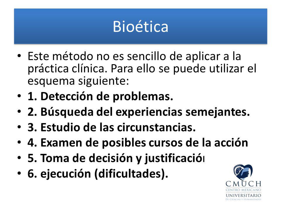 Bioética Este método no es sencillo de aplicar a la práctica clínica. Para ello se puede utilizar el esquema siguiente: