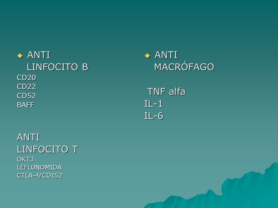 ANTI LINFOCITO B LINFOCITO T ANTI MACRÓFAGO TNF alfa IL-1 IL-6 CD20