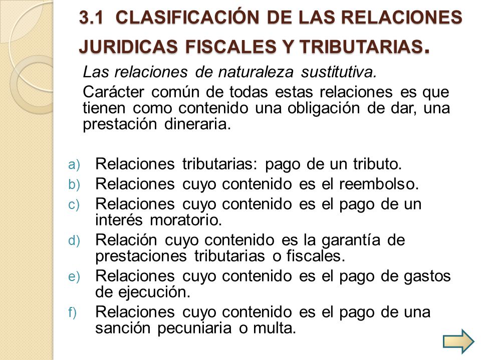 3.1 CLASIFICACIÓN DE LAS RELACIONES JURIDICAS FISCALES Y TRIBUTARIAS.