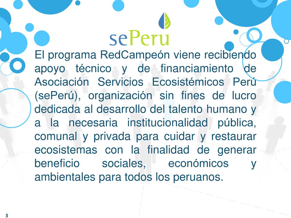El programa RedCampeón viene recibiendo apoyo técnico y de financiamiento de Asociación Servicios Ecosistémicos Perú (sePerú), organización sin fines de lucro dedicada al desarrollo del talento humano y a la necesaria institucionalidad pública, comunal y privada para cuidar y restaurar ecosistemas con la finalidad de generar beneficio sociales, económicos y ambientales para todos los peruanos.