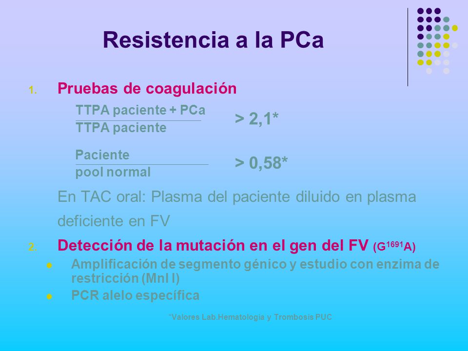 Resistencia a la PCa Pruebas de coagulación TTPA paciente + PCa