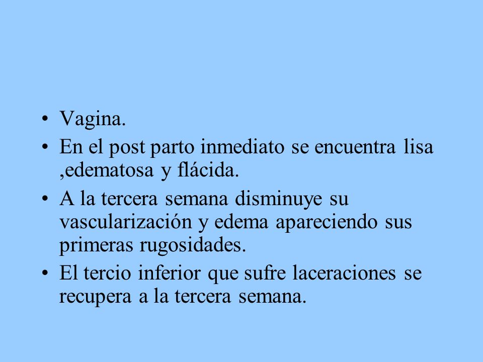 Vagina. En el post parto inmediato se encuentra lisa ,edematosa y flácida.