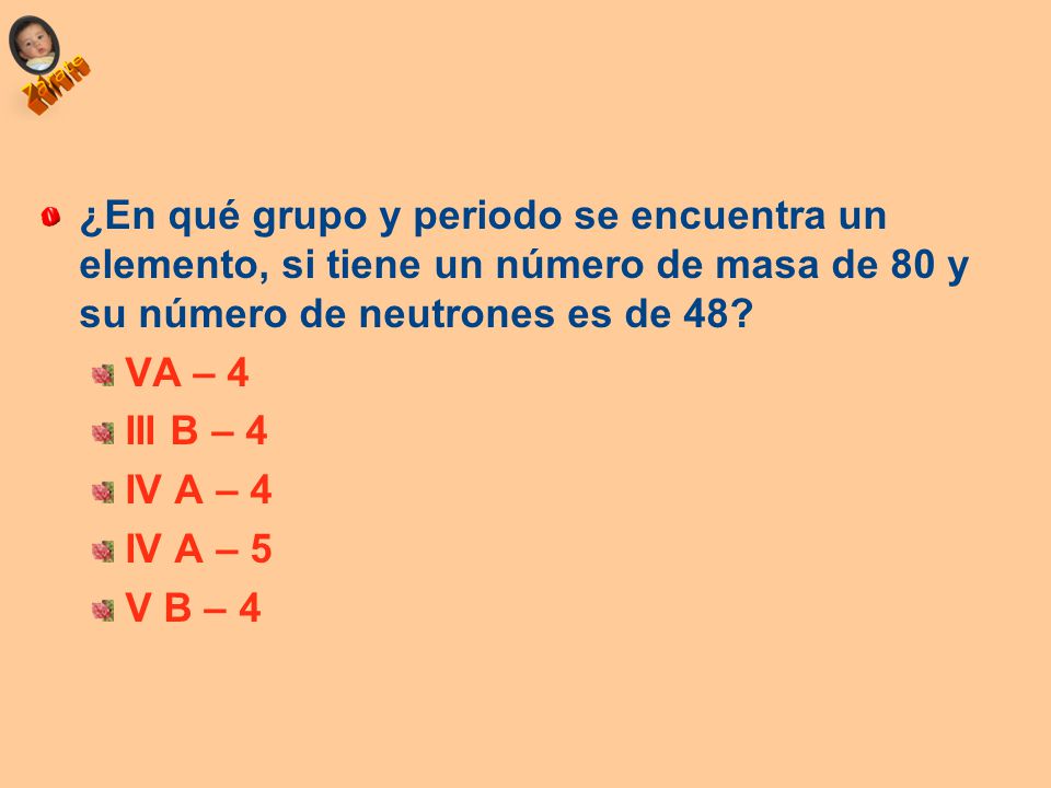 ¿En qué grupo y periodo se encuentra un elemento, si tiene un número de masa de 80 y su número de neutrones es de 48