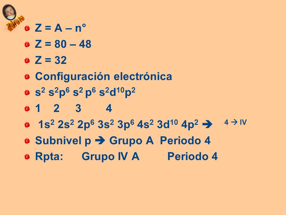 Z = A – n° Z = 80 – 48. Z = 32. Configuración electrónica. s2 s2p6 s2 p6 s2d10p