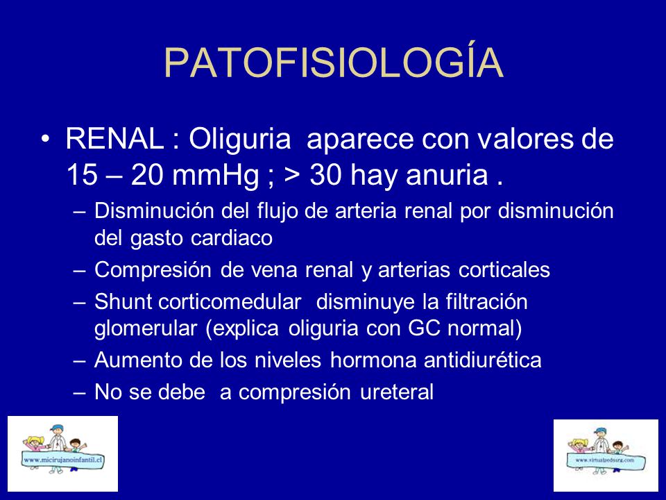 PATOFISIOLOGÍA RENAL : Oliguria aparece con valores de 15 – 20 mmHg ; > 30 hay anuria .