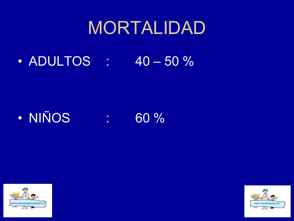 MORTALIDAD ADULTOS : 40 – 50 % NIÑOS : 60 %