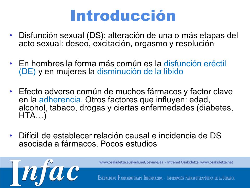 Introducción Disfunción sexual (DS): alteración de una o más etapas del acto sexual: deseo, excitación, orgasmo y resolución.
