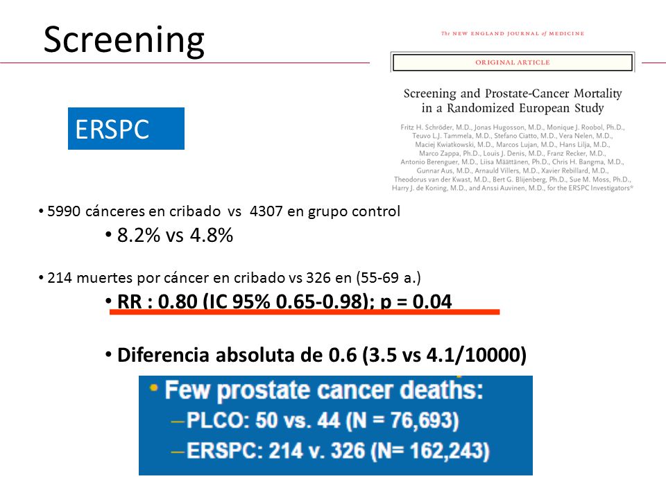 Screening ERSPC 8.2% vs 4.8% RR : 0.80 (IC 95% ); p = 0.04