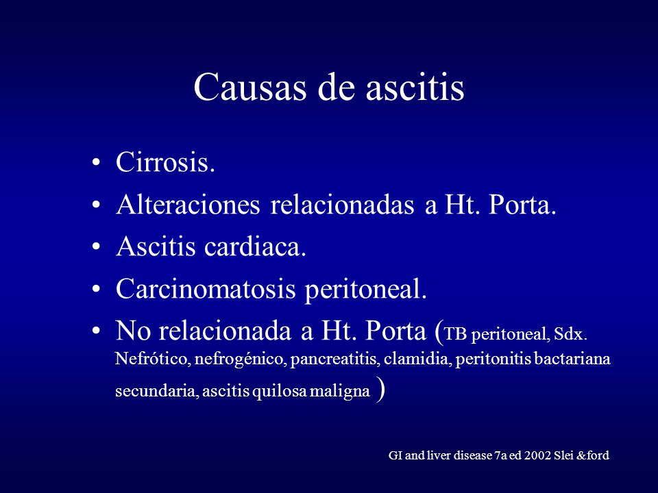 Causas de ascitis Cirrosis. Alteraciones relacionadas a Ht. Porta.