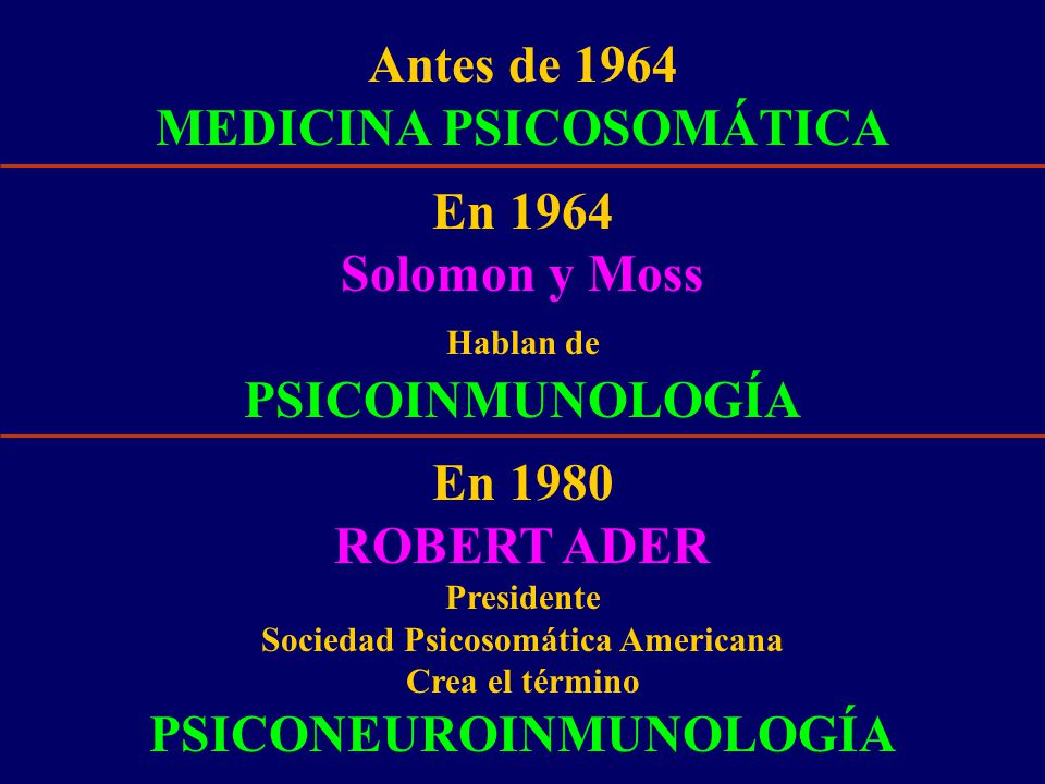 MEDICINA PSICOSOMÁTICA En 1964 Solomon y Moss PSICOINMUNOLOGÍA En 1980