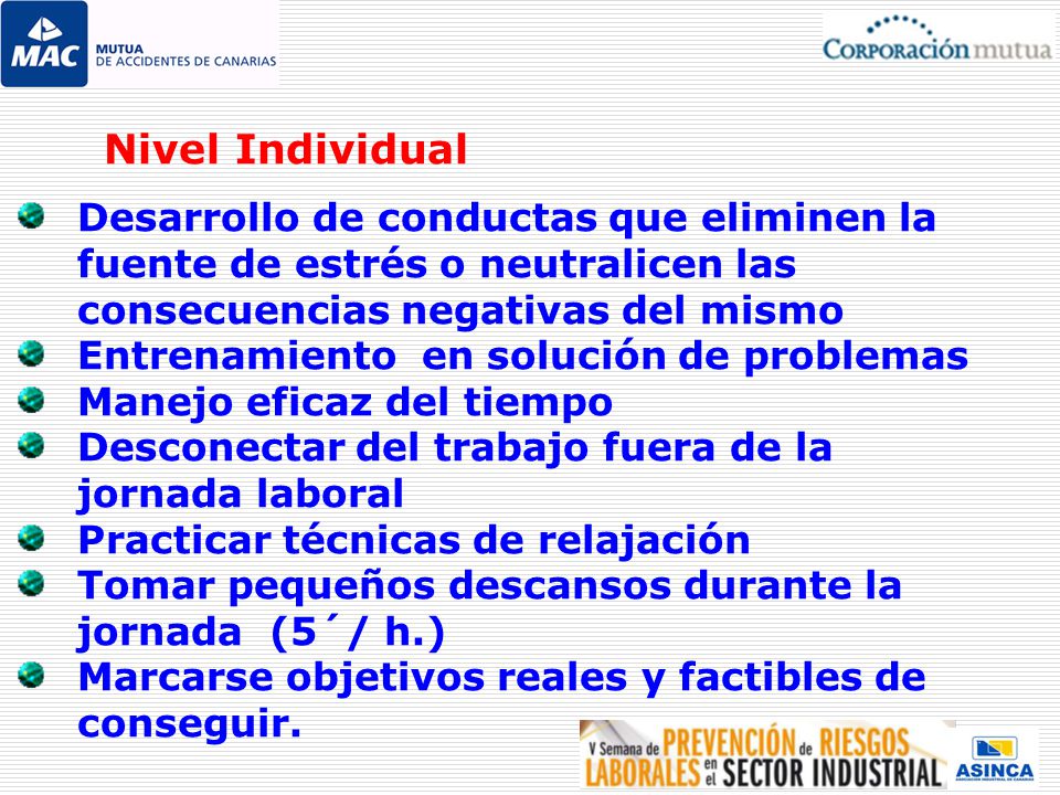 Nivel Individual Desarrollo de conductas que eliminen la fuente de estrés o neutralicen las consecuencias negativas del mismo.
