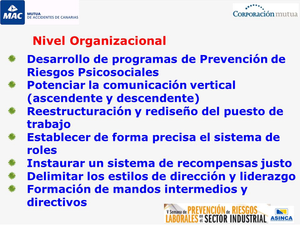 Nivel Organizacional Desarrollo de programas de Prevención de Riesgos Psicosociales. Potenciar la comunicación vertical (ascendente y descendente)