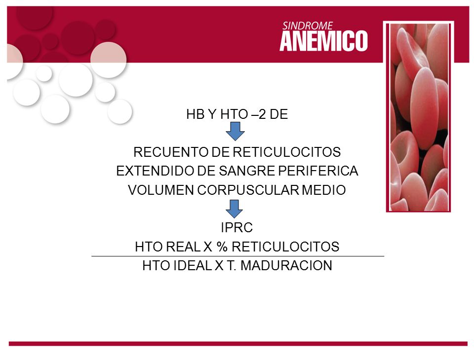 HB Y HTO –2 DE RECUENTO DE RETICULOCITOS EXTENDIDO DE SANGRE PERIFERICA VOLUMEN CORPUSCULAR MEDIO IPRC HTO REAL X % RETICULOCITOS HTO IDEAL X T.