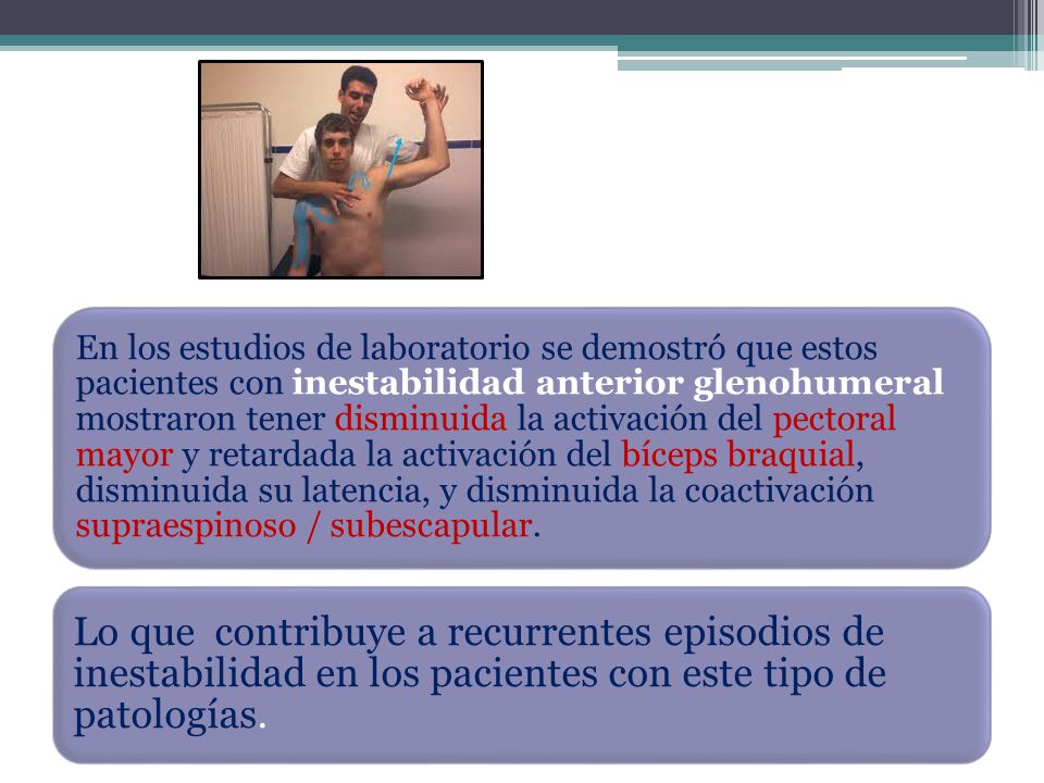 En los estudios de laboratorio se demostró que estos pacientes con inestabilidad anterior glenohumeral mostraron tener disminuida la activación del pectoral mayor y retardada la activación del bíceps braquial, disminuida su latencia, y disminuida la coactivación supraespinoso / subescapular.