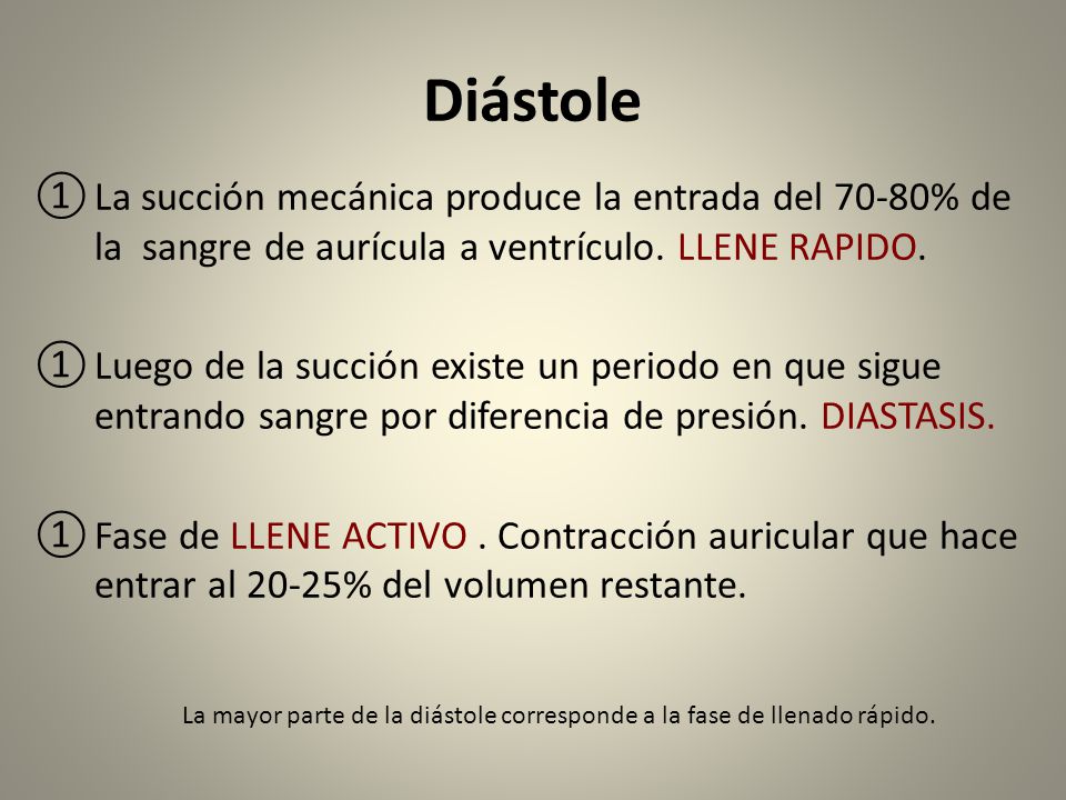 Diástole La succión mecánica produce la entrada del 70-80% de la sangre de aurícula a ventrículo. LLENE RAPIDO.