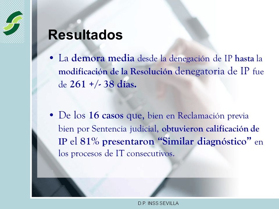 Resultados La demora media desde la denegación de IP hasta la modificación de la Resolución denegatoria de IP fue de 261 +/- 38 días.