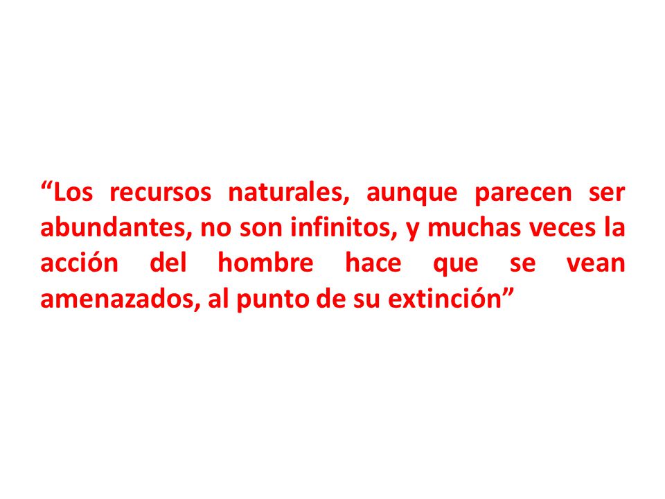 Los recursos naturales, aunque parecen ser abundantes, no son infinitos, y muchas veces la acción del hombre hace que se vean amenazados, al punto de su extinción