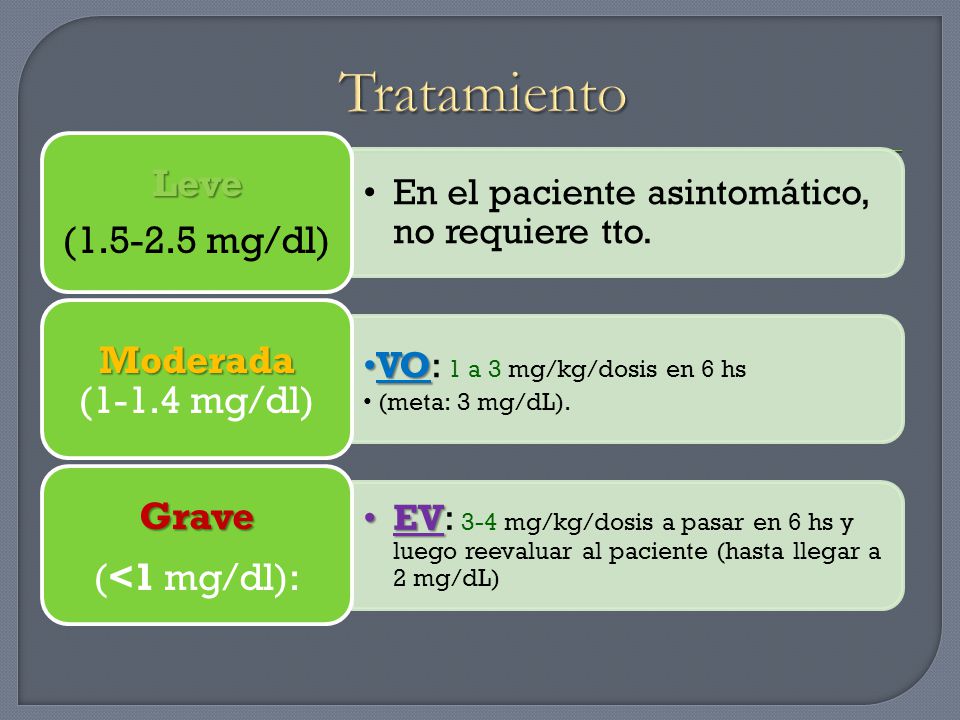 Tratamiento ( mg/dl) Leve. En el paciente asintomático, no requiere tto. (1-1.4 mg/dl) Moderada.