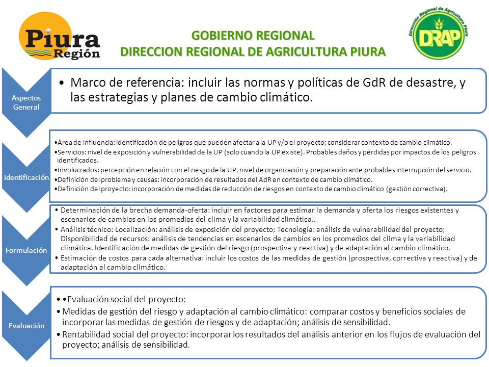 Aspectos General Marco de referencia: incluir las normas y políticas de GdR de desastre, y las estrategias y planes de cambio climático.