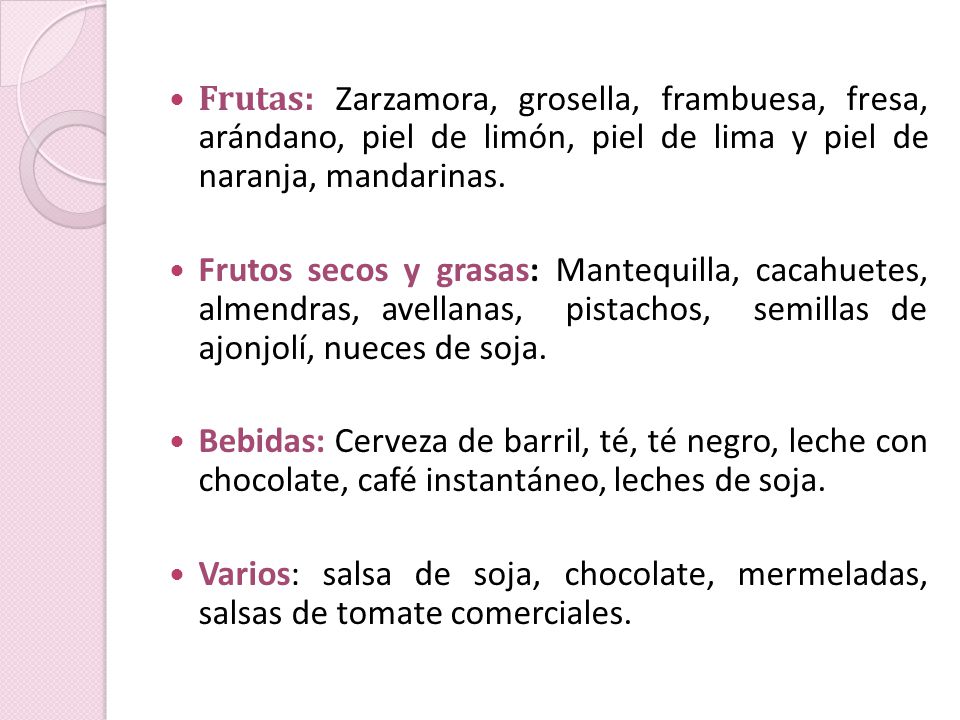 Frutas: Zarzamora, grosella, frambuesa, fresa, arándano, piel de limón, piel de lima y piel de naranja, mandarinas.