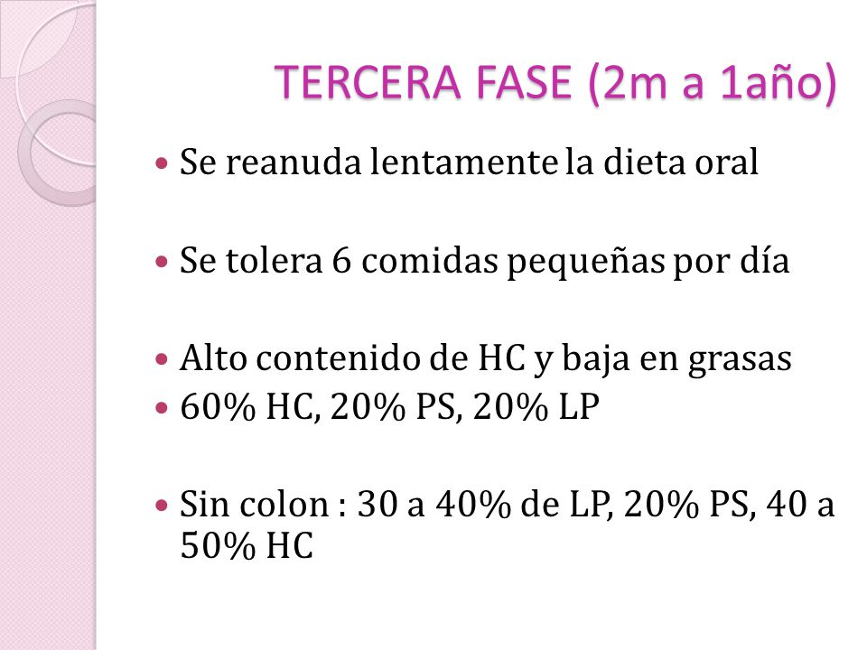 TERCERA FASE (2m a 1año) Se reanuda lentamente la dieta oral