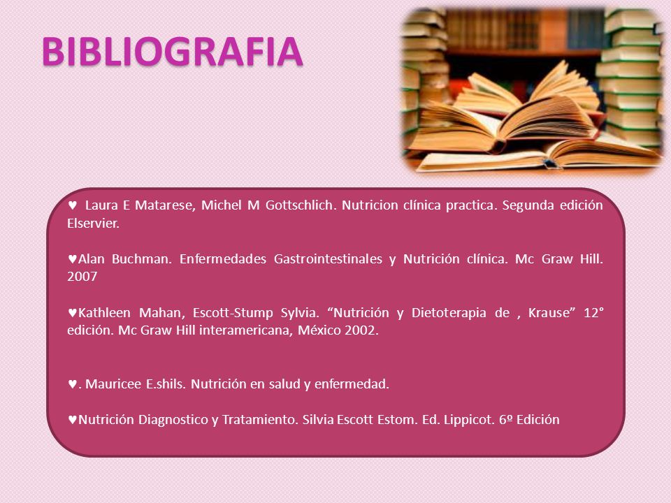 BIBLIOGRAFIA Laura E Matarese, Michel M Gottschlich. Nutricion clínica practica. Segunda edición Elservier.