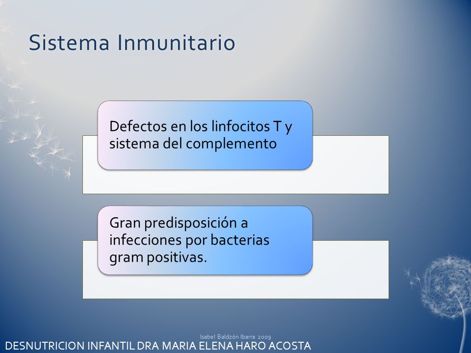 Sistema Inmunitario Defectos en los linfocitos T y sistema del complemento. Gran predisposición a infecciones por bacterias gram positivas.