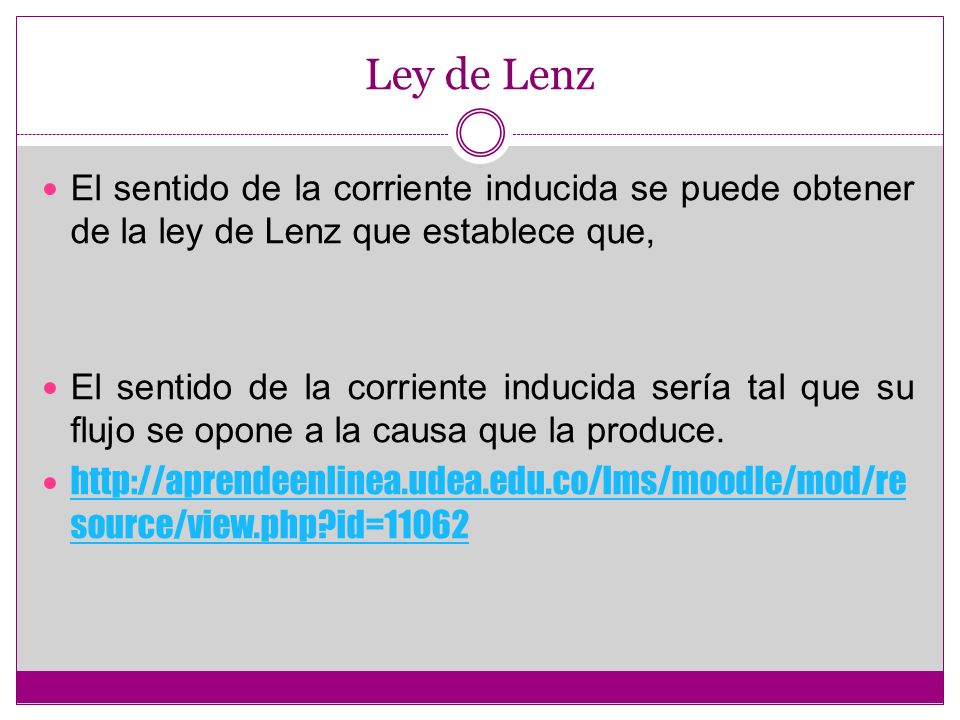 Ley de Lenz El sentido de la corriente inducida se puede obtener de la ley de Lenz que establece que,