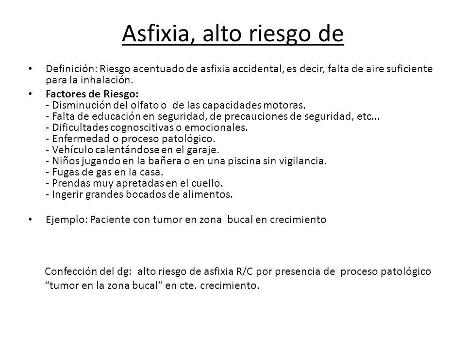 Asfixia, alto riesgo de Definición: Riesgo acentuado de asfixia accidental, es decir, falta de aire suficiente para la inhalación.