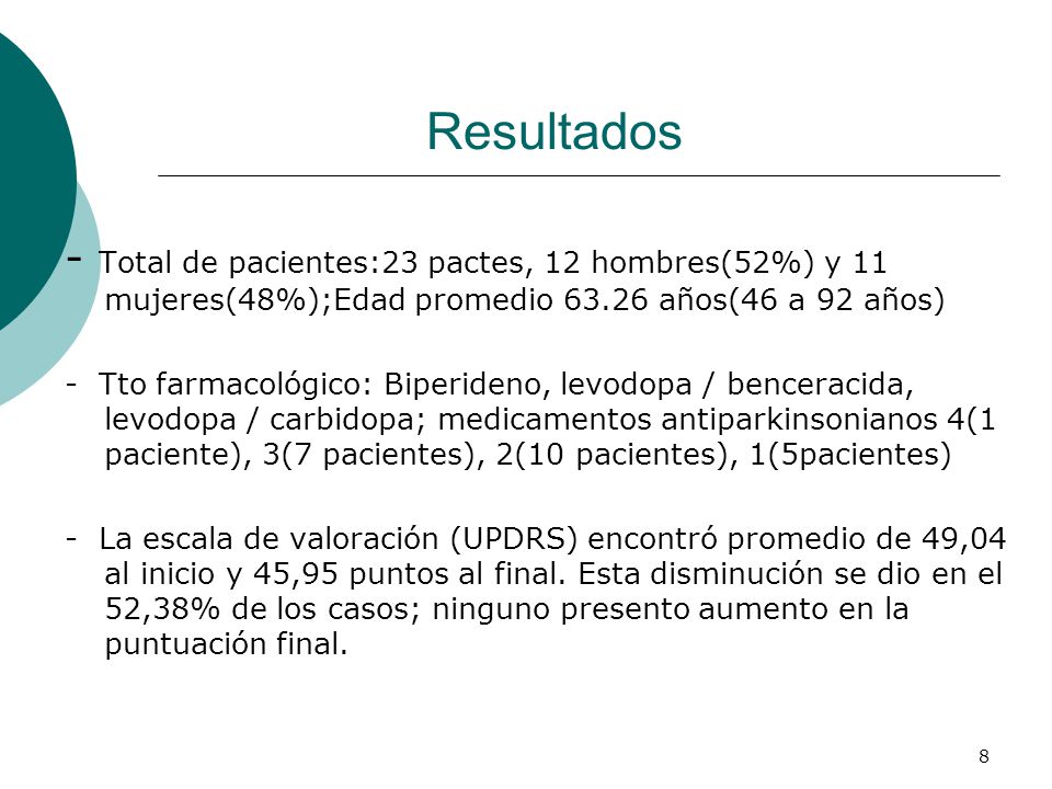 Resultados - Total de pacientes:23 pactes, 12 hombres(52%) y 11 mujeres(48%);Edad promedio años(46 a 92 años)