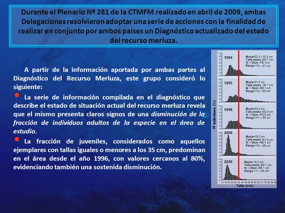 Durante el Plenario Nº 281 de la CTMFM realizado en abril de 2009, ambas Delegaciones resolvieron adoptar una serie de acciones con la finalidad de realizar en conjunto por ambos países un Diagnóstico actualizado del estado del recurso merluza.